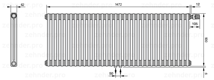 Схема (чертеж) Радиатор Zehnder Charleston 2090/32 №V008 Белый глянцевый RAL 9016